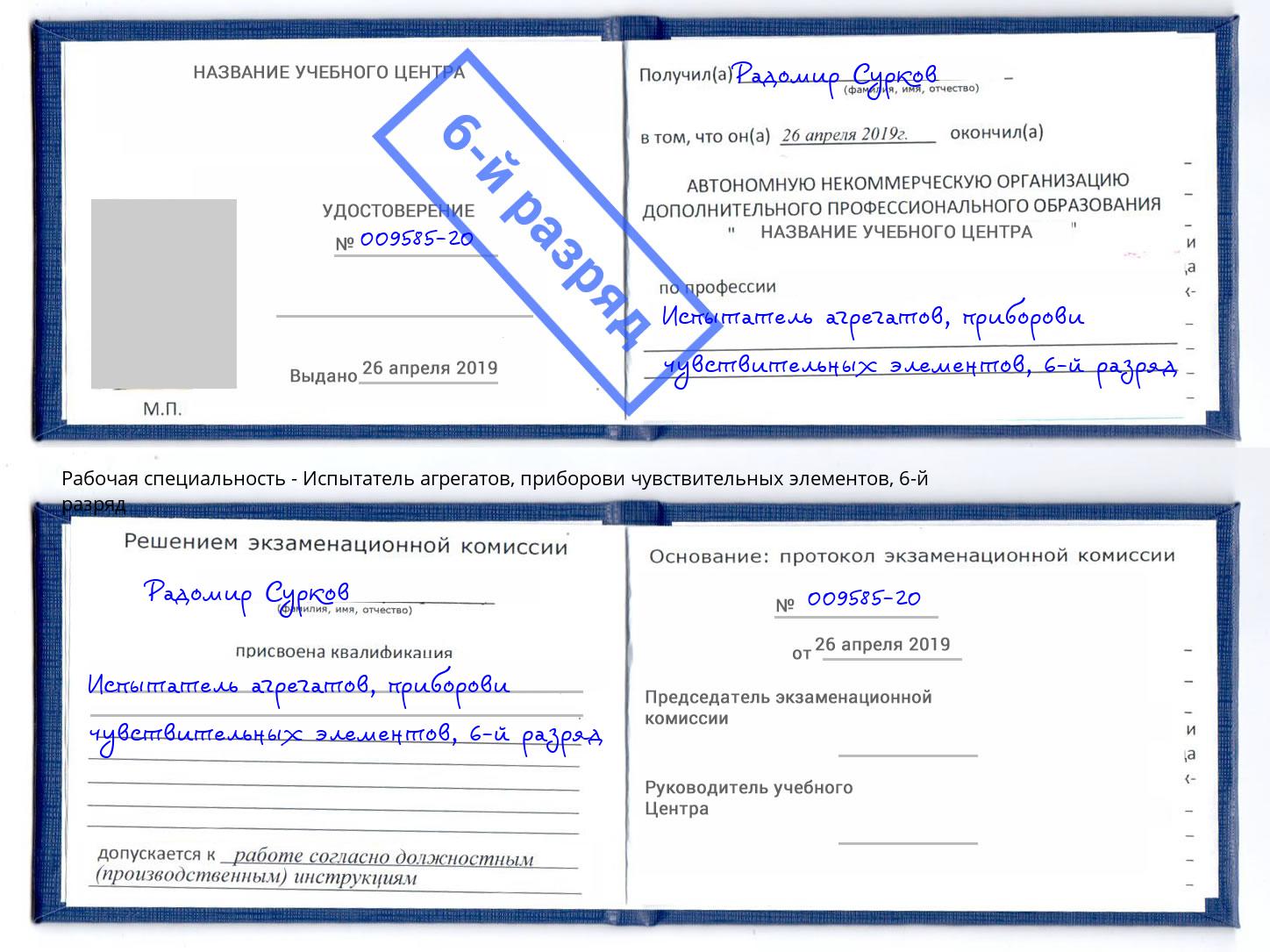 корочка 6-й разряд Испытатель агрегатов, приборови чувствительных элементов Кызыл
