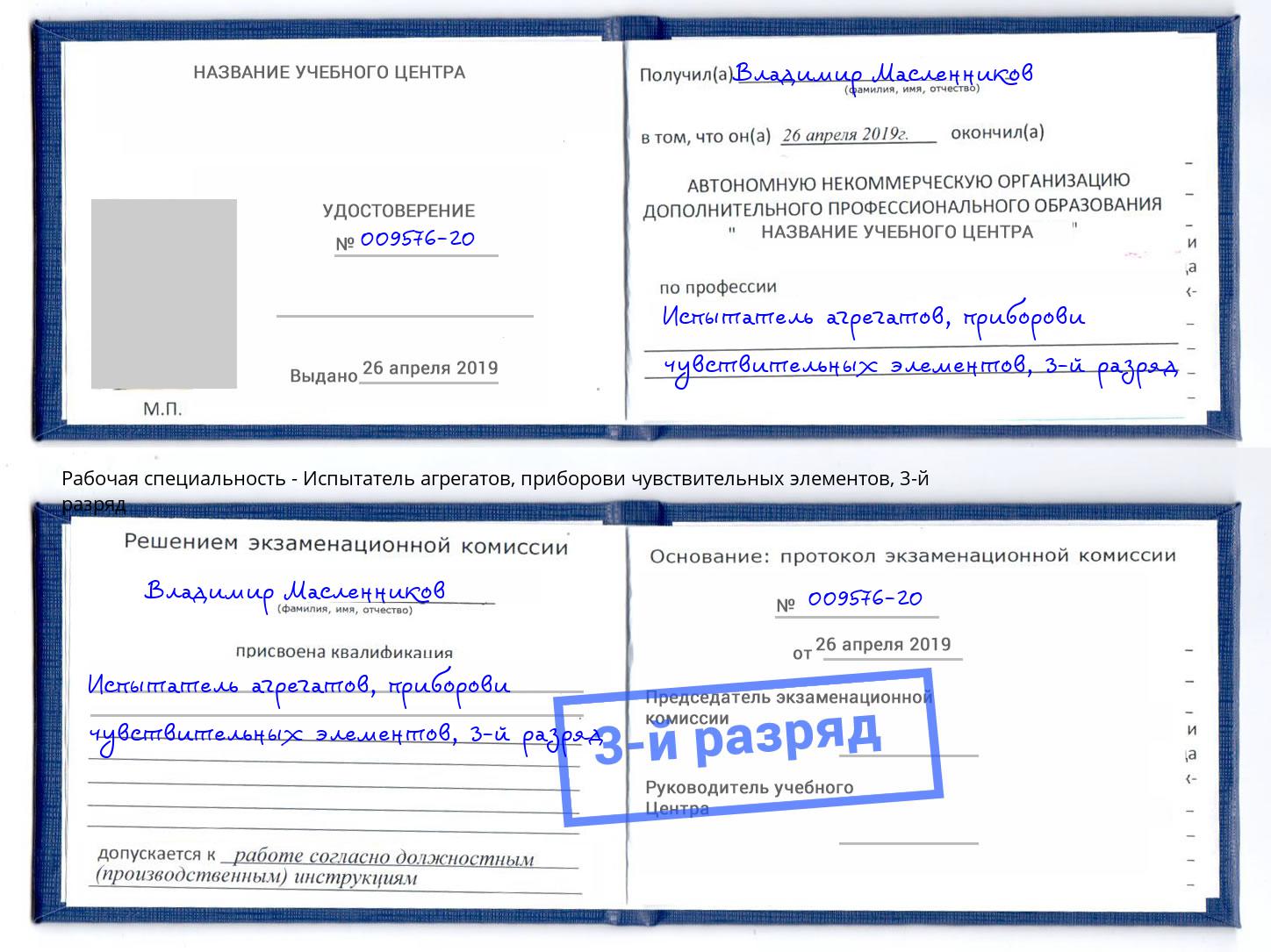 корочка 3-й разряд Испытатель агрегатов, приборови чувствительных элементов Кызыл
