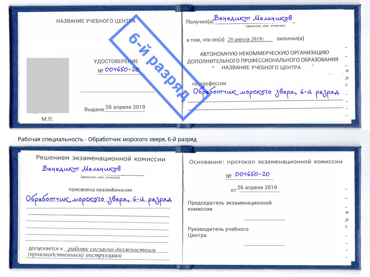 корочка 6-й разряд Обработчик морского зверя Кызыл