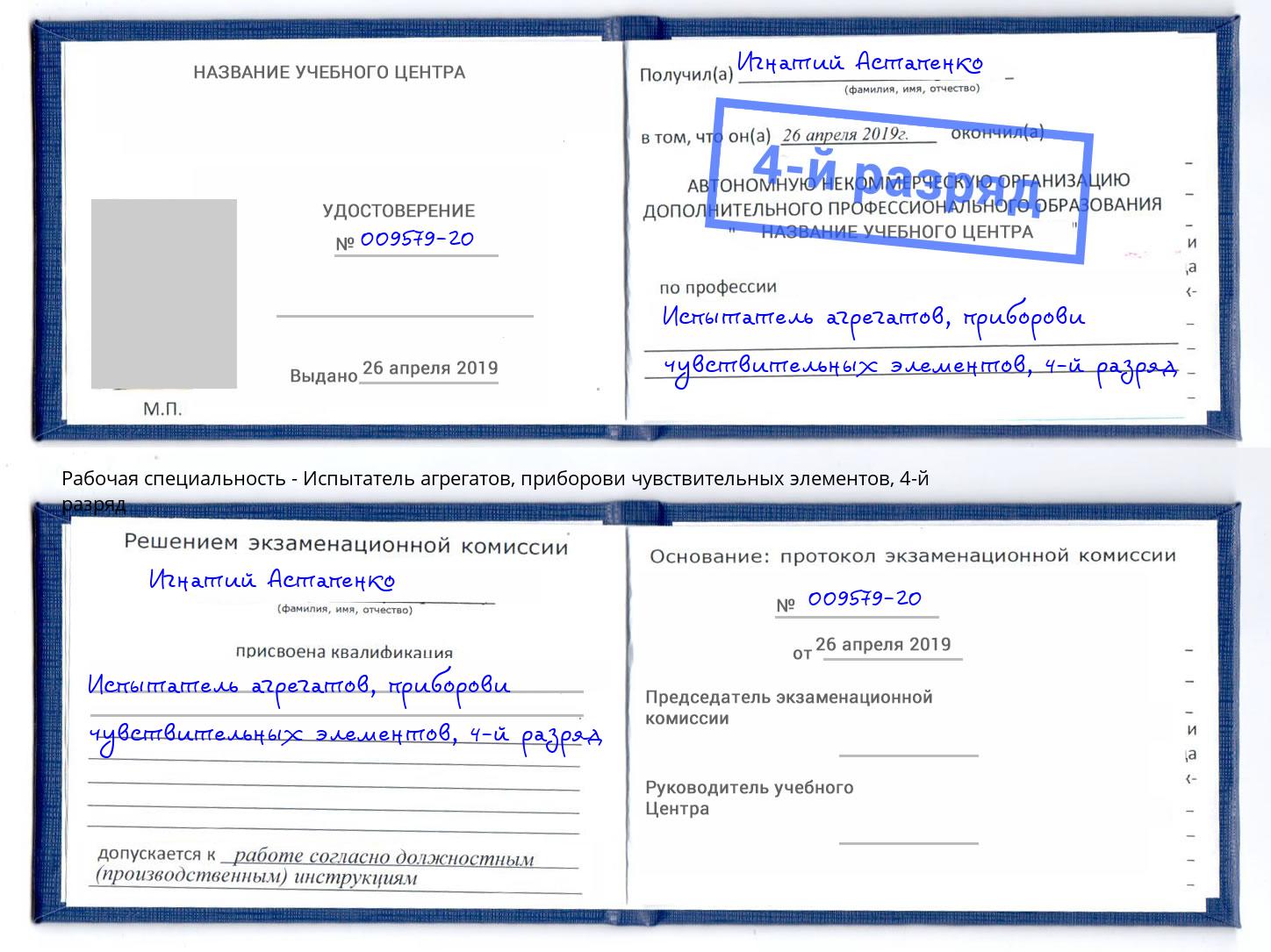 корочка 4-й разряд Испытатель агрегатов, приборови чувствительных элементов Кызыл
