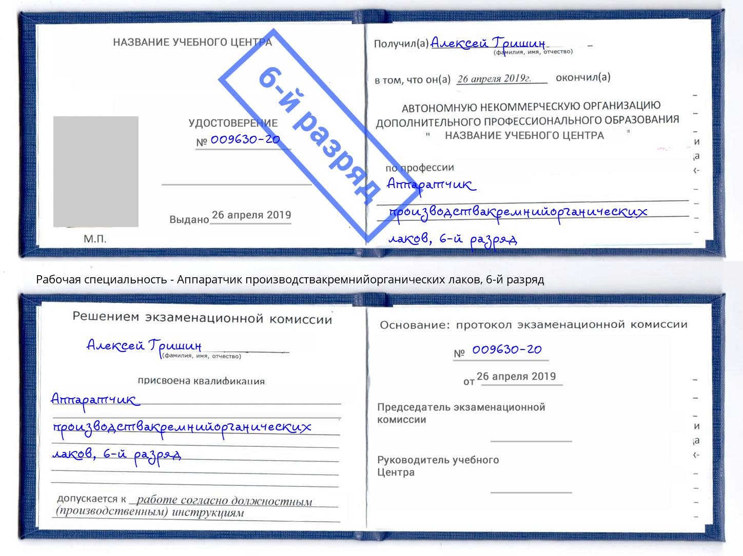 корочка 6-й разряд Аппаратчик производствакремнийорганических лаков Кызыл