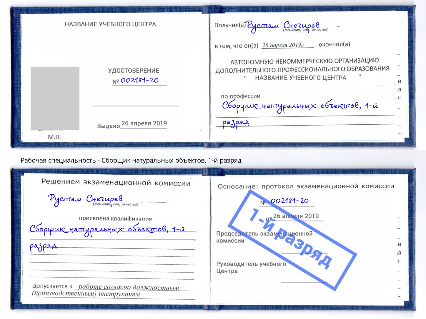 корочка 1-й разряд Сборщик натуральных объектов Кызыл