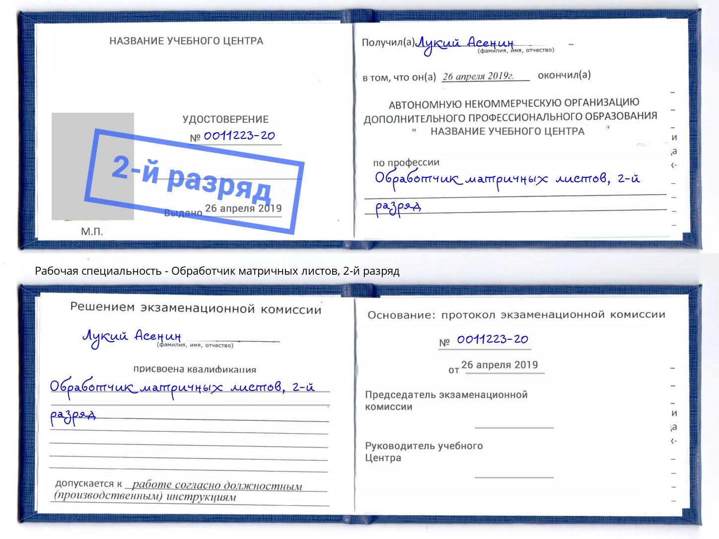 корочка 2-й разряд Обработчик матричных листов Кызыл