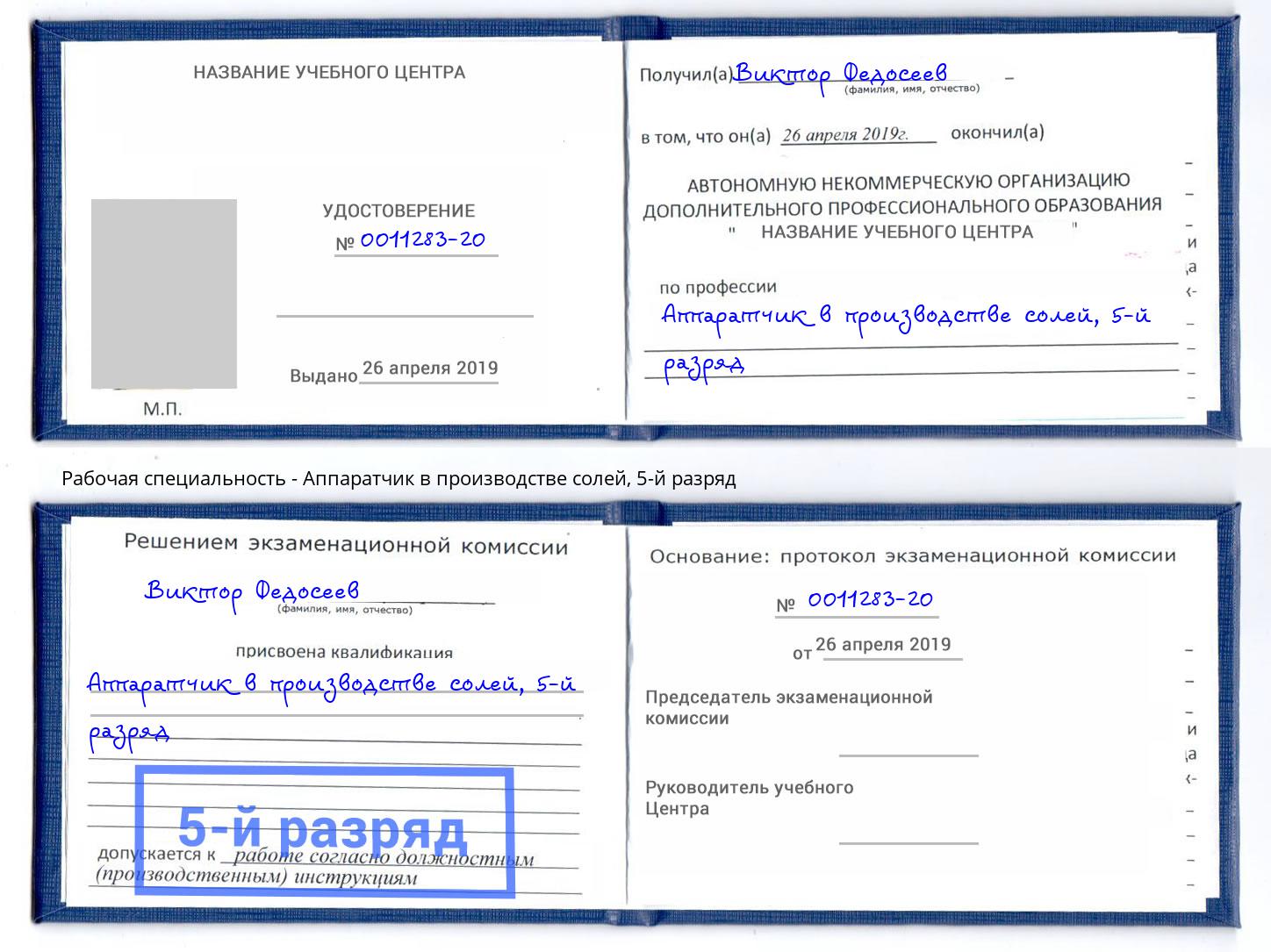 корочка 5-й разряд Аппаратчик в производстве солей Кызыл