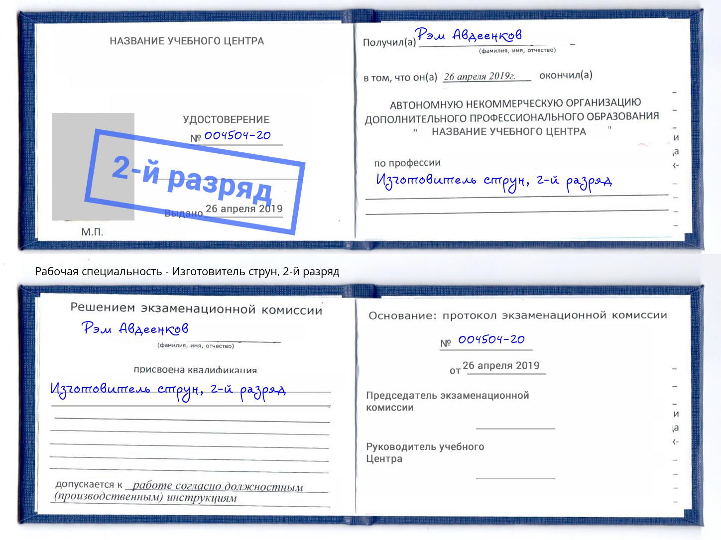 корочка 2-й разряд Изготовитель струн Кызыл
